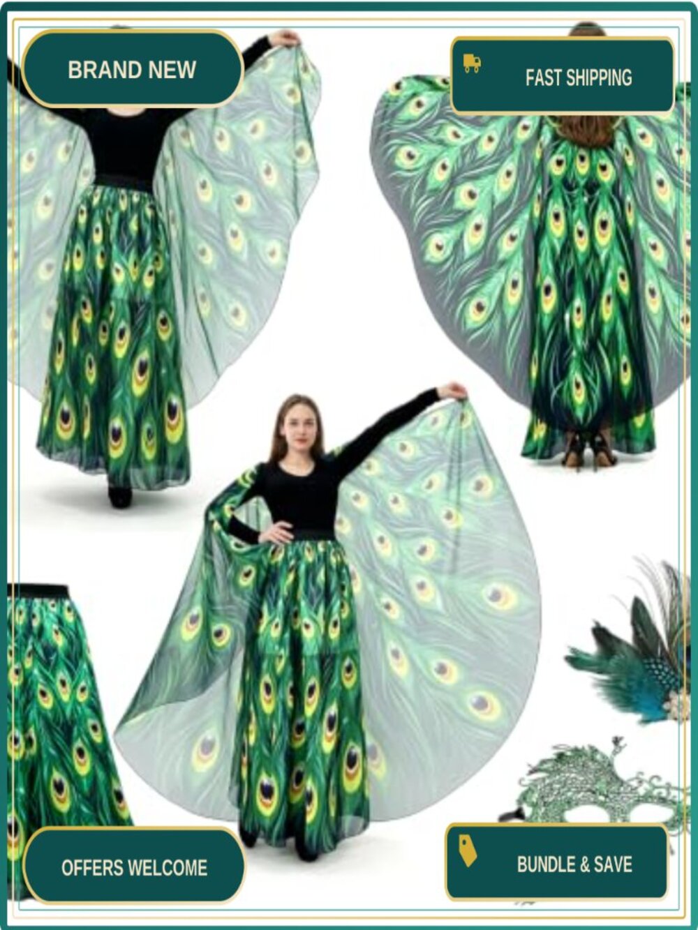 Peacock Feather Costume Set Cape Skirt Mask Hair Clip Chiffon Women